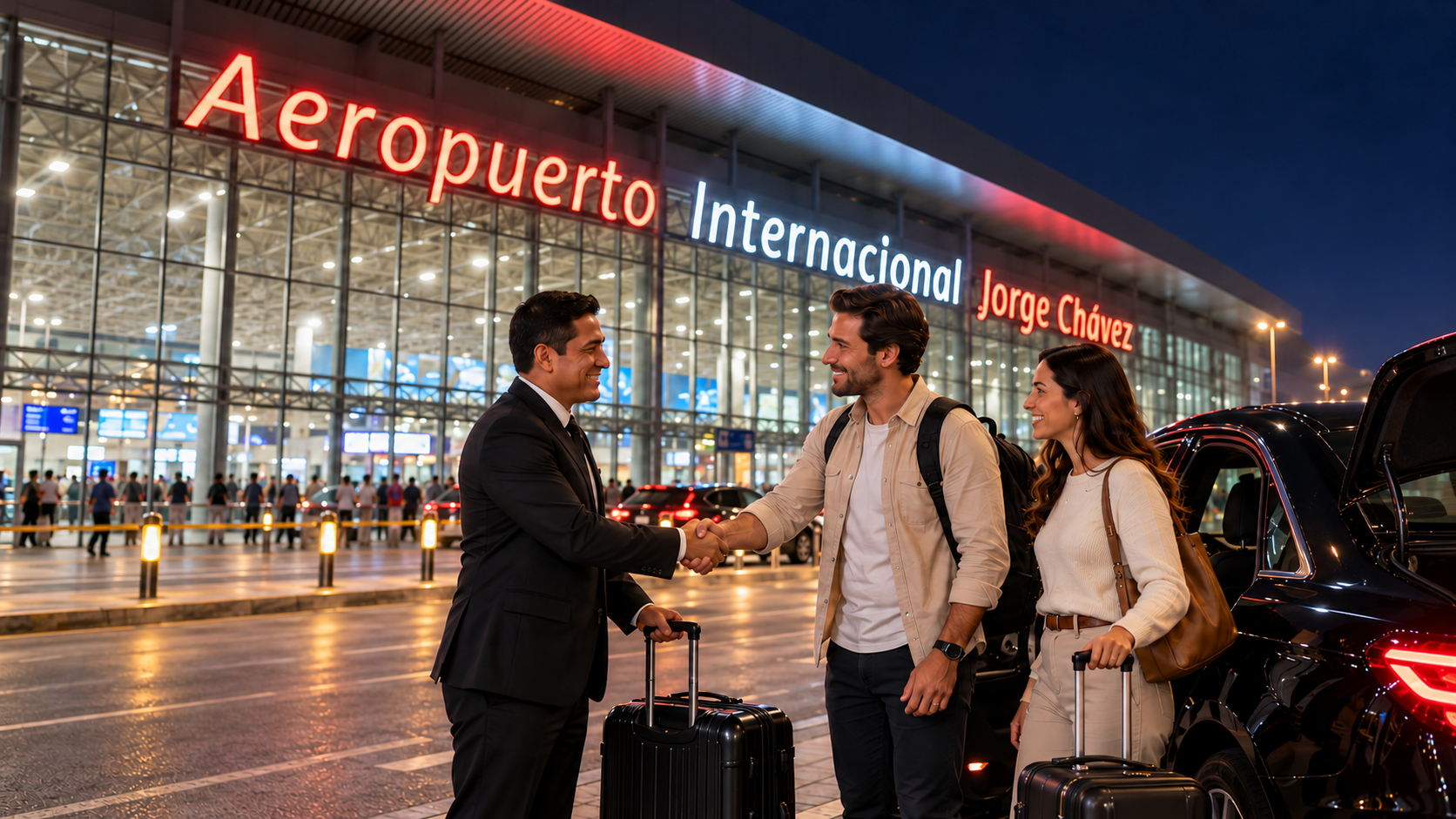 Conductor recibiendo a viajeros frente al Aeropuerto Internacional Jorge Chávez